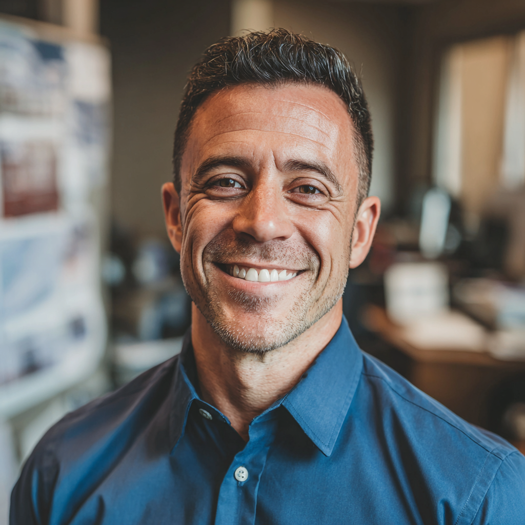 Un homme souriant portant une chemise bleue de cérémonie | Source : Midjourney