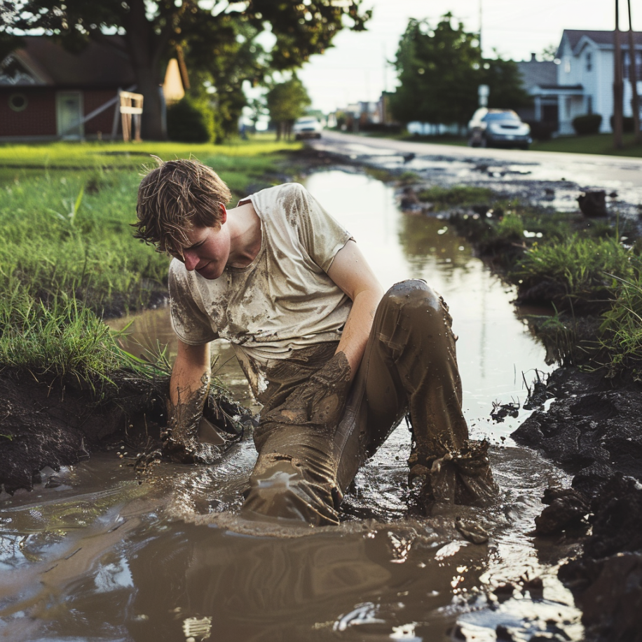 Un jeune homme tombe dans une flaque d'eau boueuse | Source : Midjourney