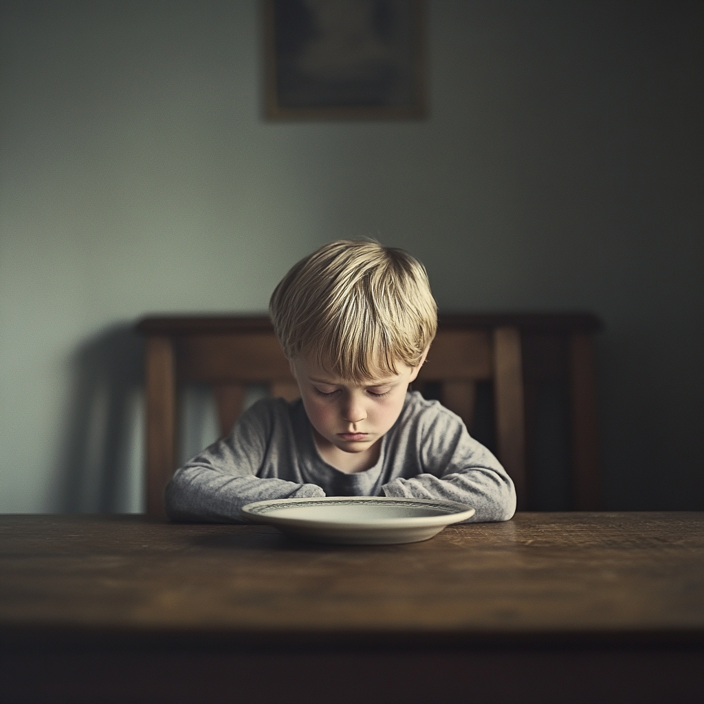 Un garçon dépité assis à une table à manger | Source : Midjourney