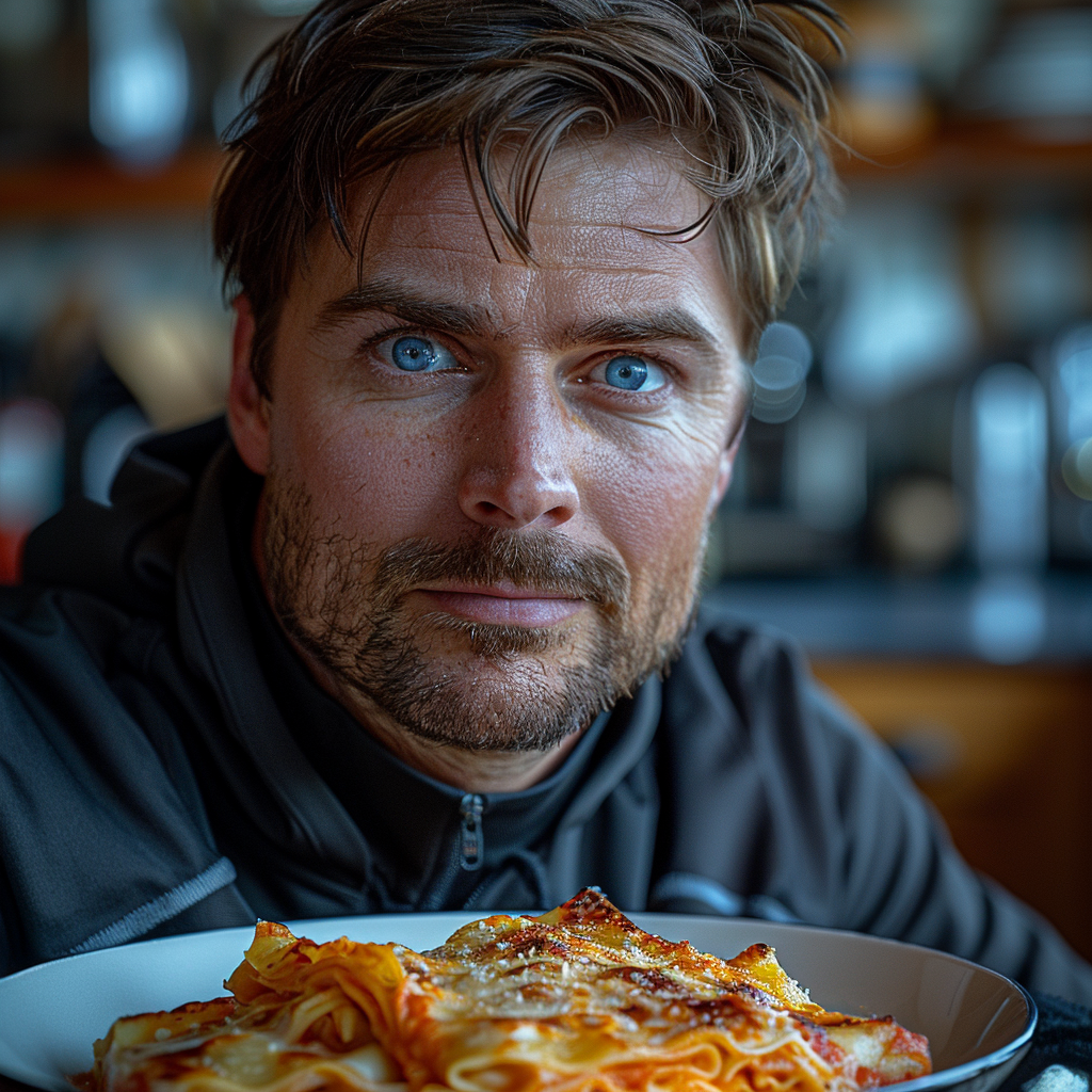 Un homme avec des lasagnes | Source : Midjourney