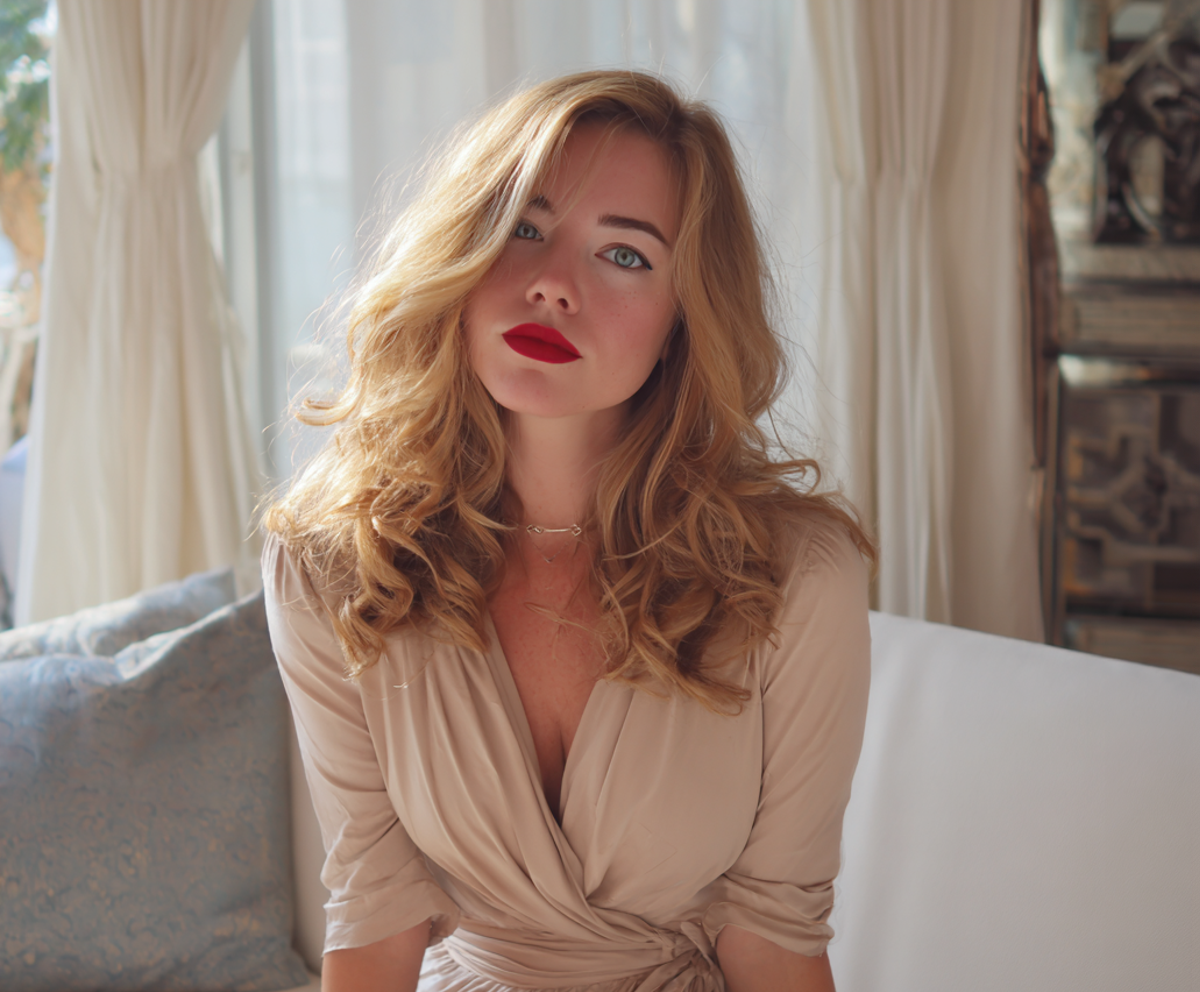 Une femme avec du rouge à lèvres rouge assise sur un canapé | Source : Midjourney