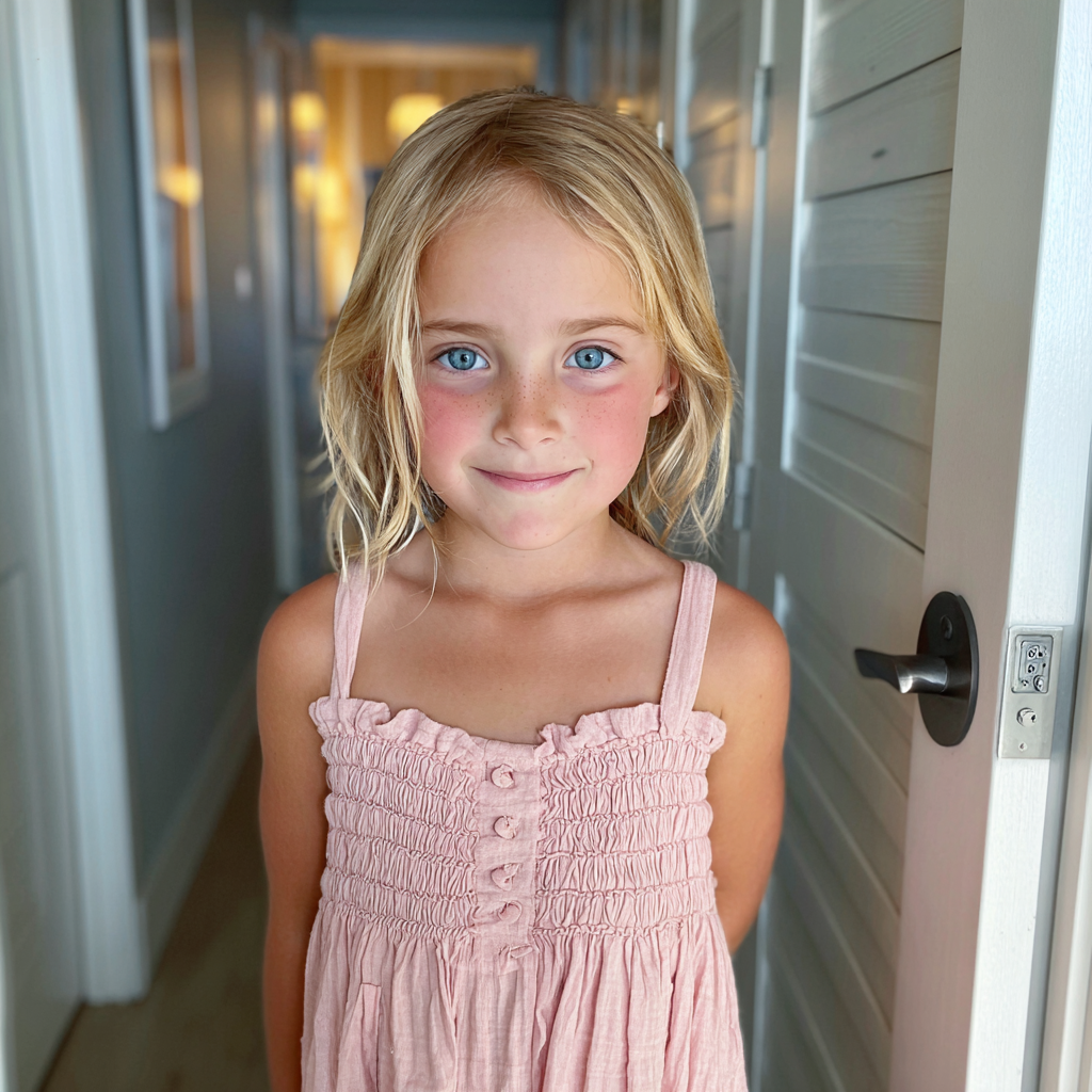 Une petite fille souriante debout dans un couloir | Source : Midjourney