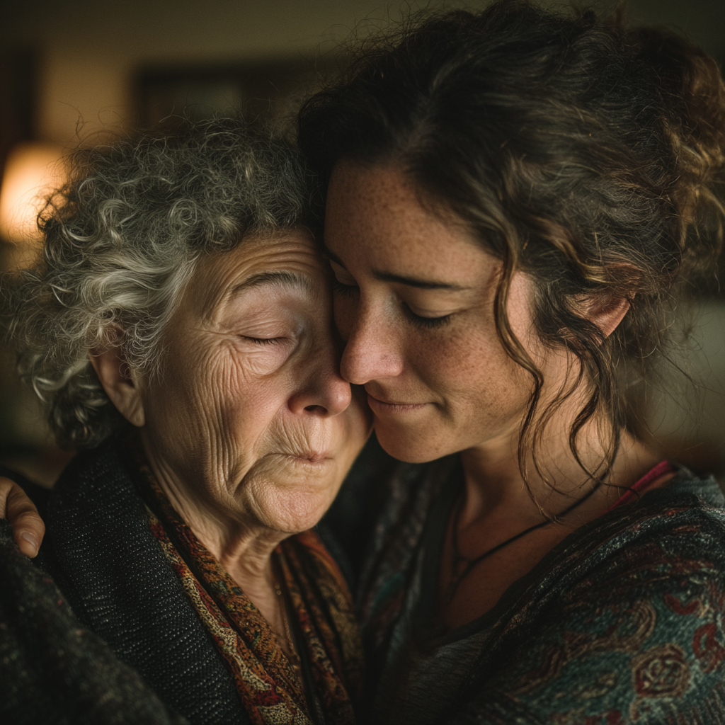 Une femme triste serrant sa grand-mère dans ses bras | Source : Midjourney