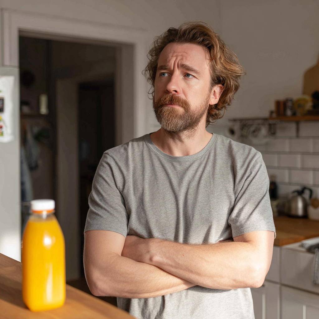 Un homme qui fronce les sourcils debout dans une cuisine | Source : Midjourney