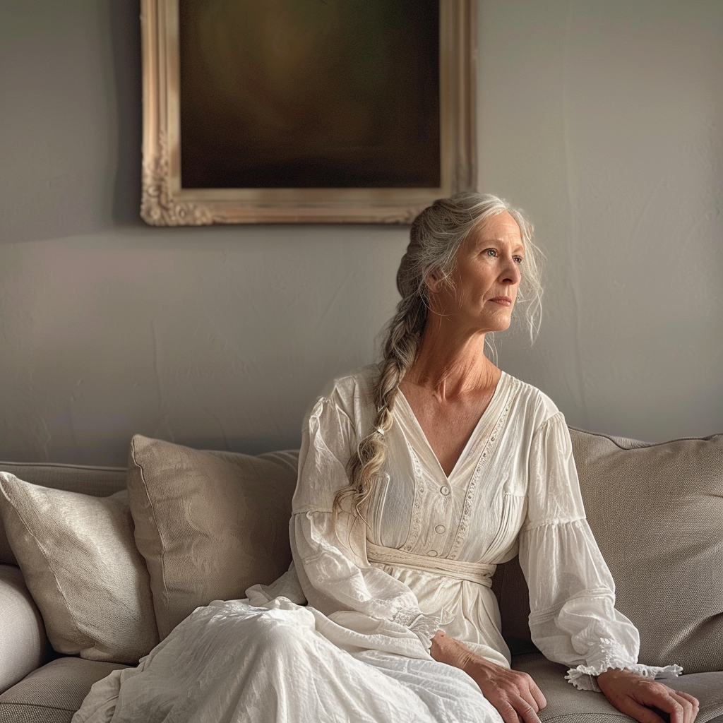 Une femme assise sur un canapé | Source : Midjourney