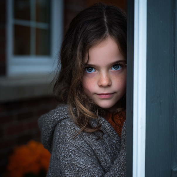 Une jeune fille debout devant la porte | Source : Midjourney