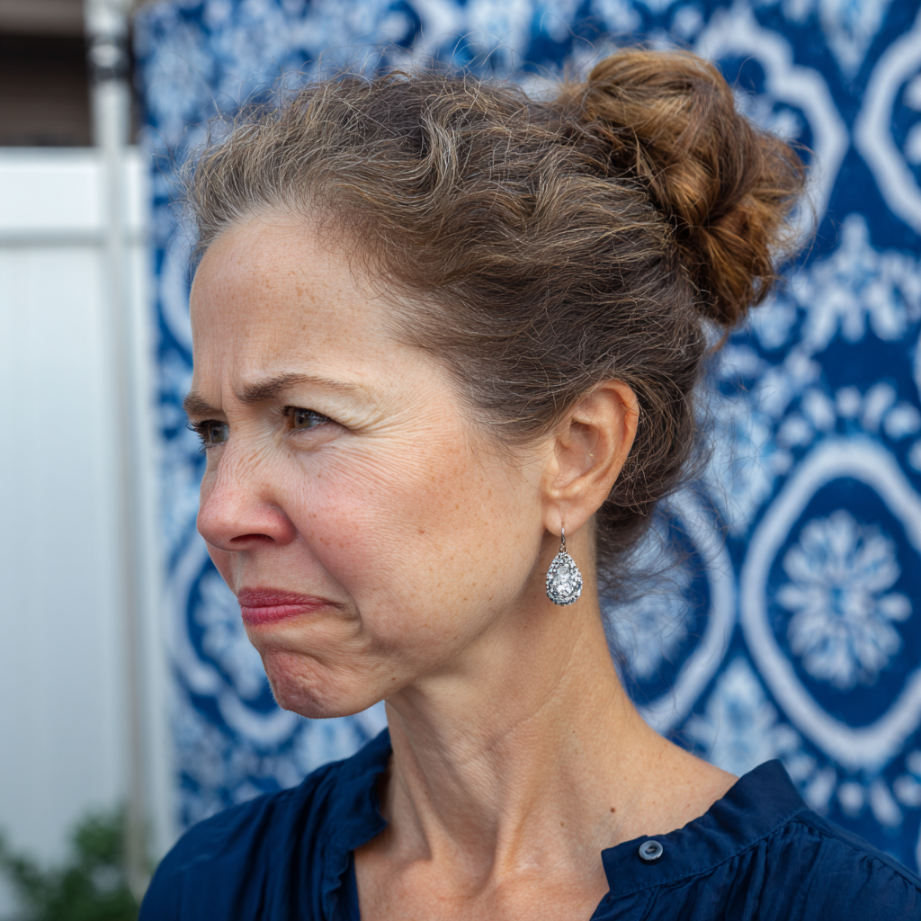 Une femme âgée bouleversée portant des boucles d'oreilles en diamant | Source : Midjourney
