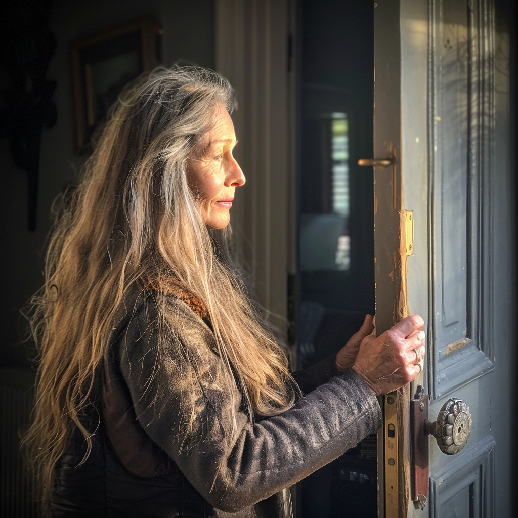 Une femme âgée qui ouvre une porte d'entrée | Source : Midjourney