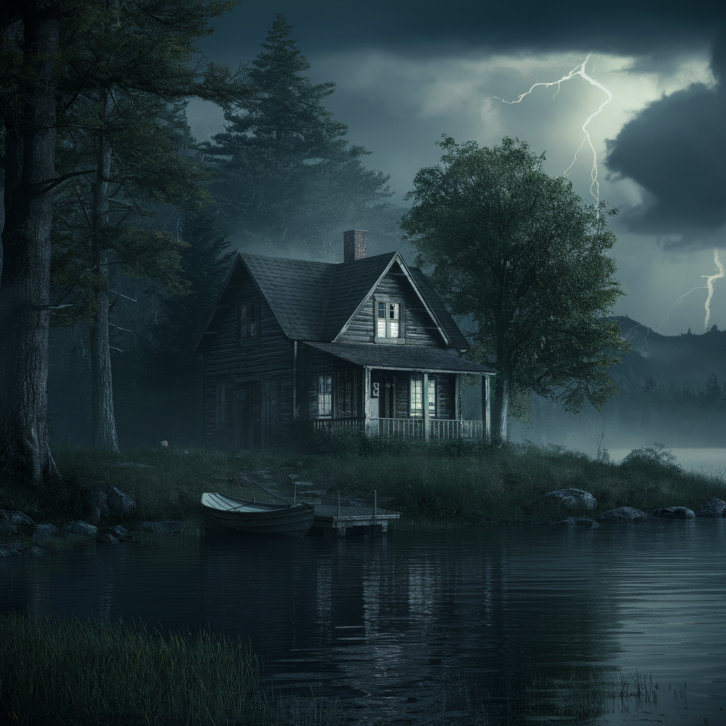 Un orage s'approche d'une cabane au bord d'un lac | Source : Midjourney