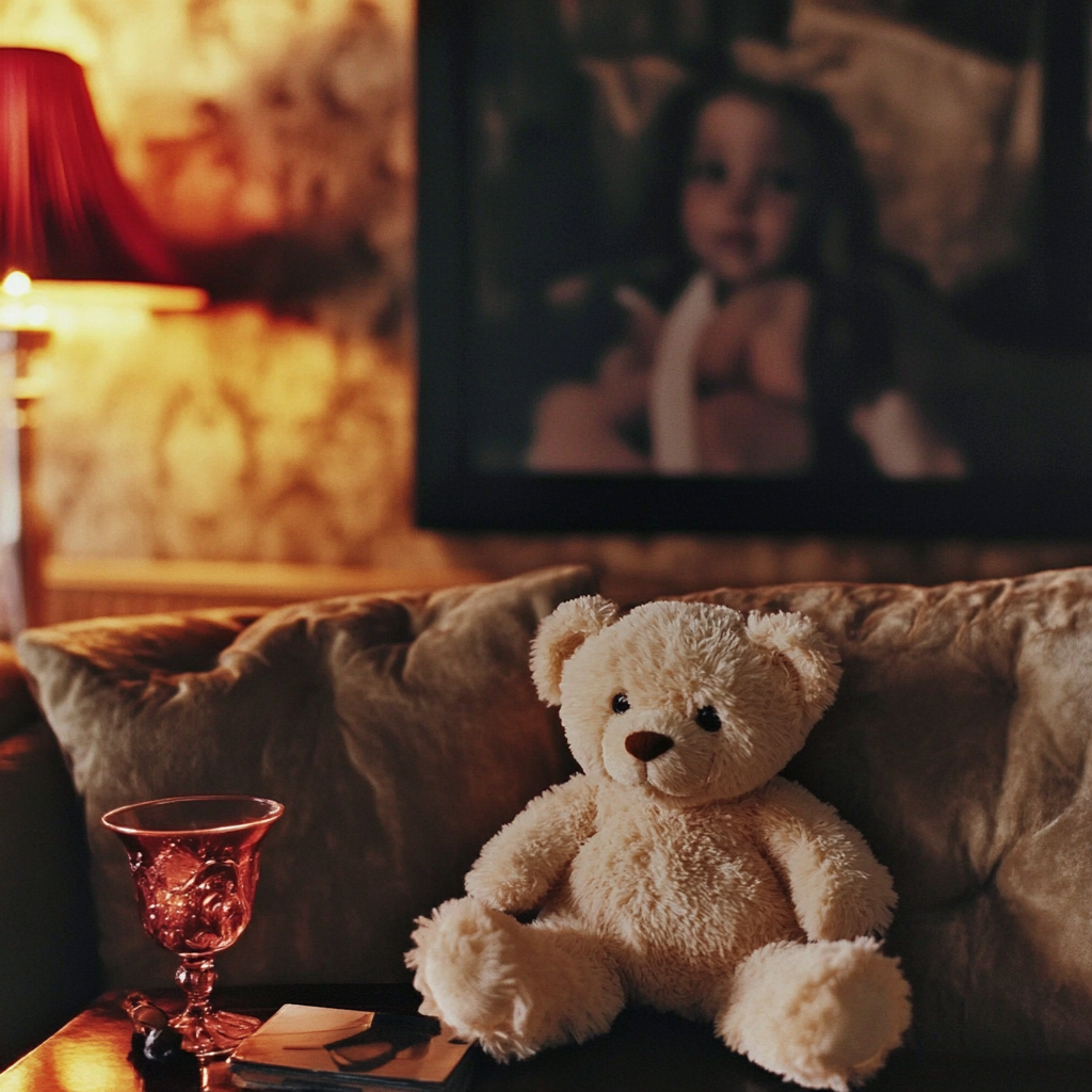 Un ours en peluche beige posé sur un canapé | Source : Midjourney