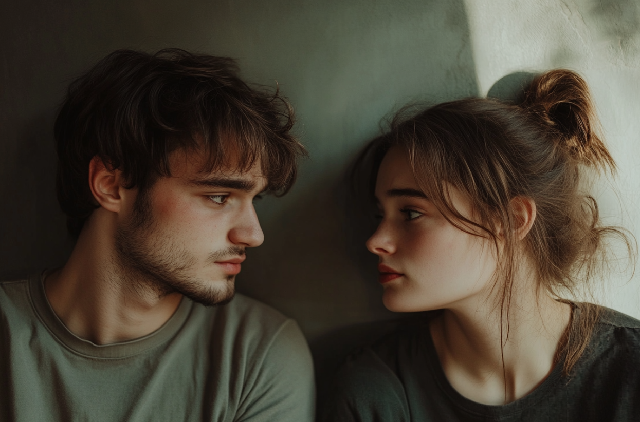 Un couple partageant un regard sérieux | Source : Midjourney