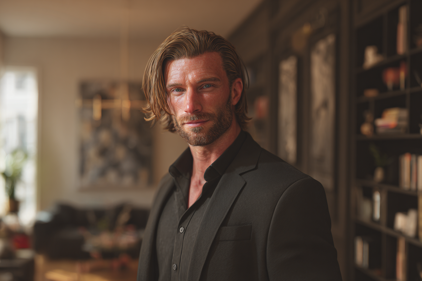 Un homme debout dans un salon | Source : Midjourney