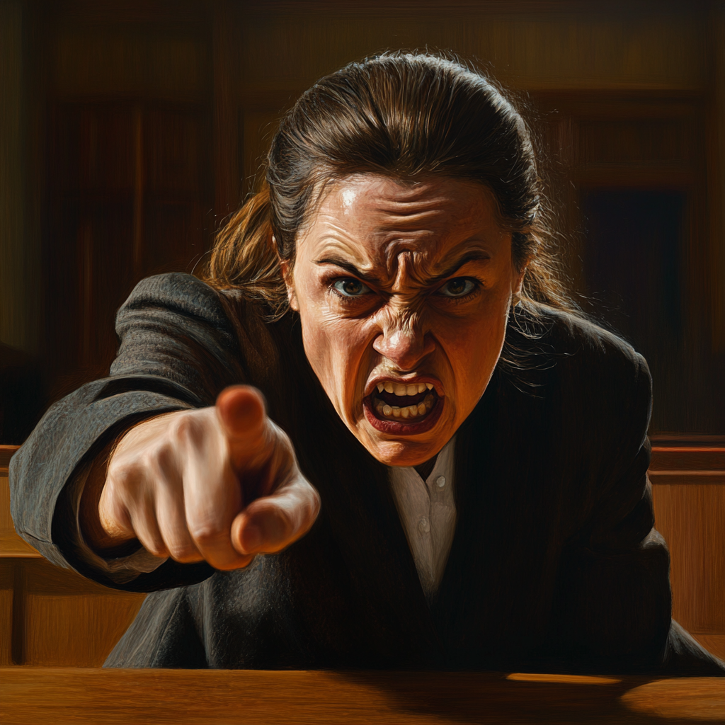 Une femme furieuse dans une salle d'audience | Source : Midjourney