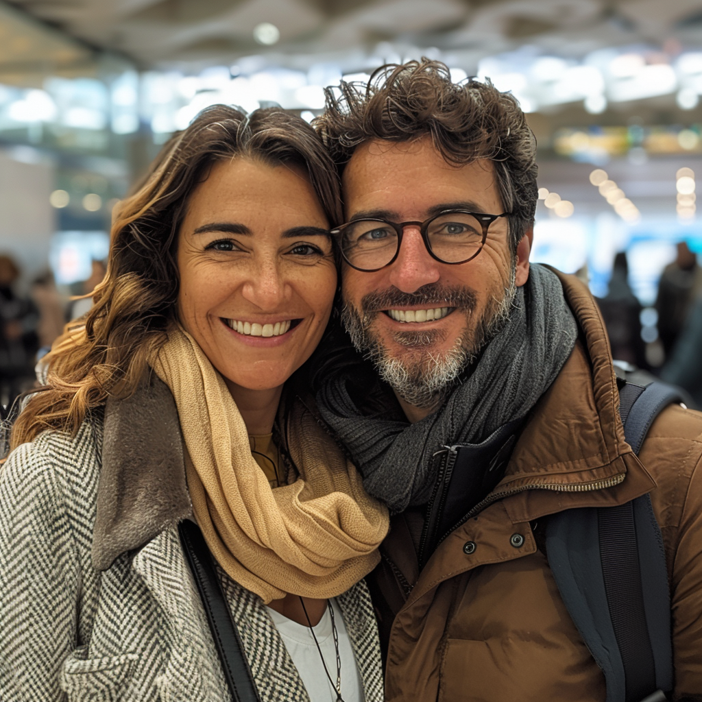 Een lachend stel op een luchthaven | Bron: Midjourney