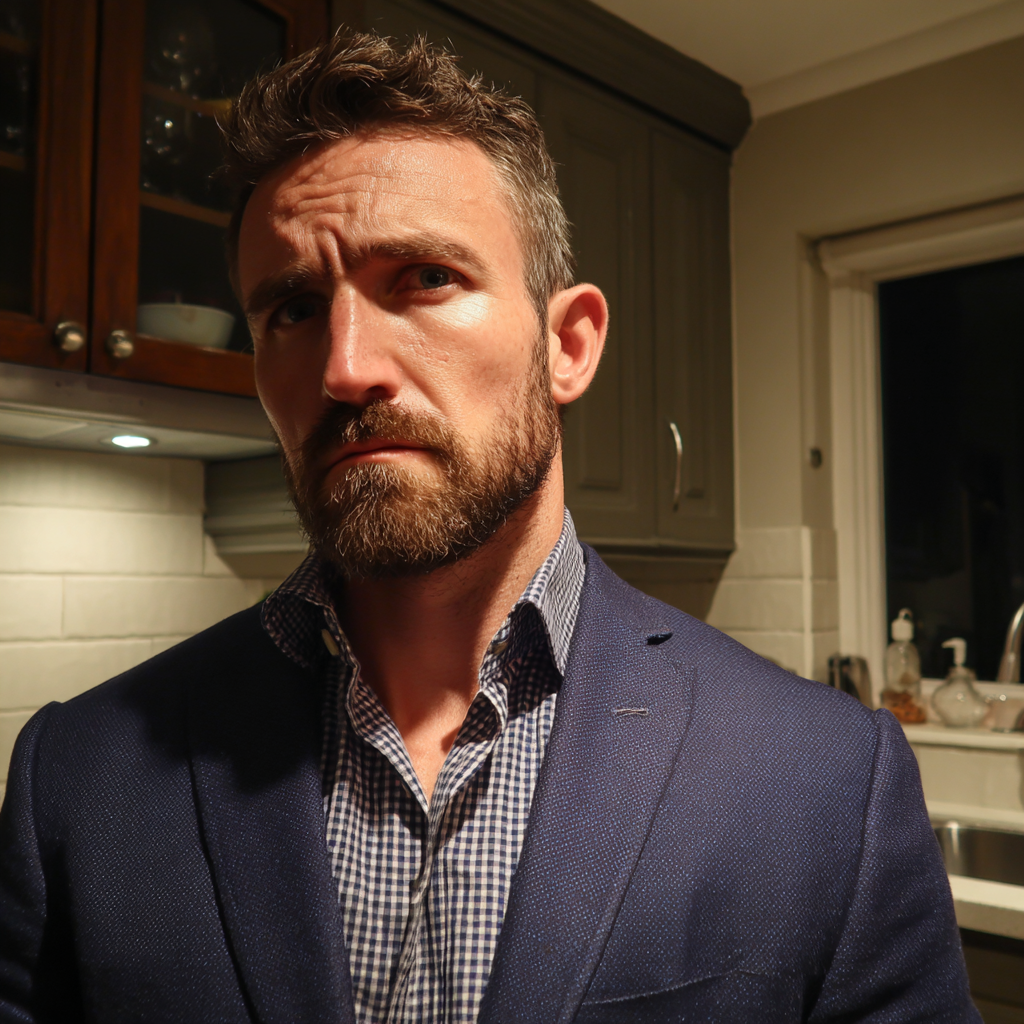 Un homme qui fronce les sourcils debout dans une cuisine | Source : Midjourney