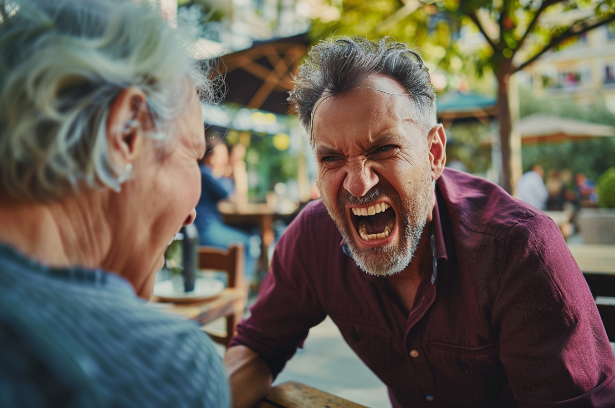 Un homme d'âge moyen criant sur une femme plus âgée | Source : MidJourney