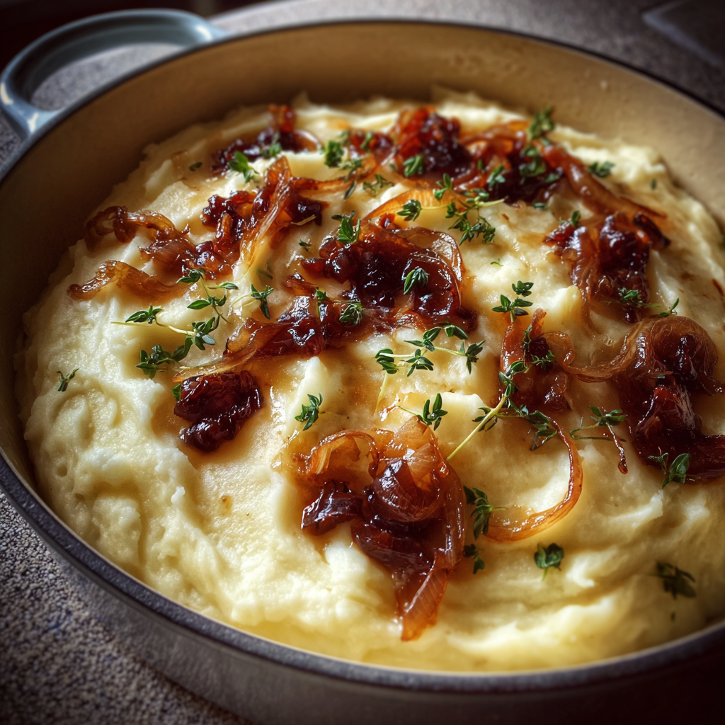 Une marmite de purée de pommes de terre et d'oignons caramélisés | Source : Midjourney