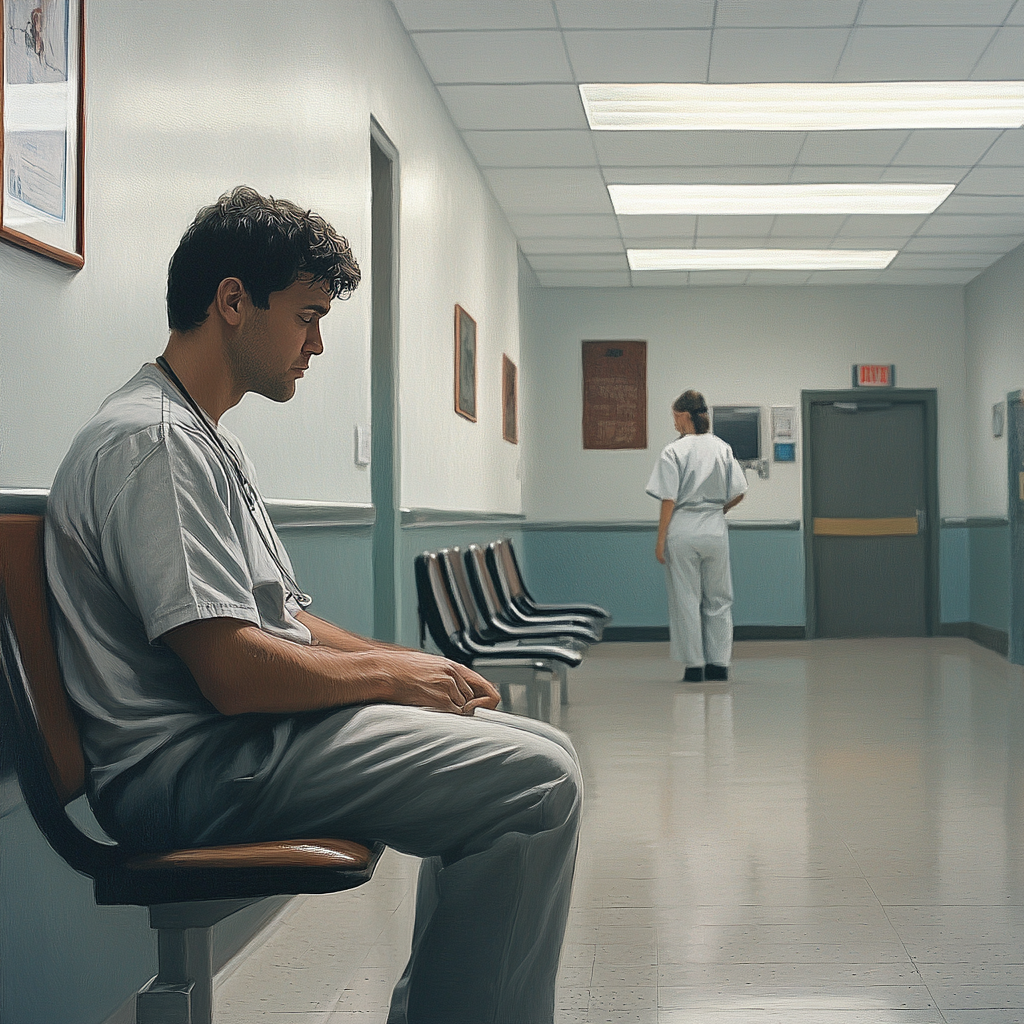 Homme au cœur brisé dans une salle d'attente d'hôpital | Source : Midjourney