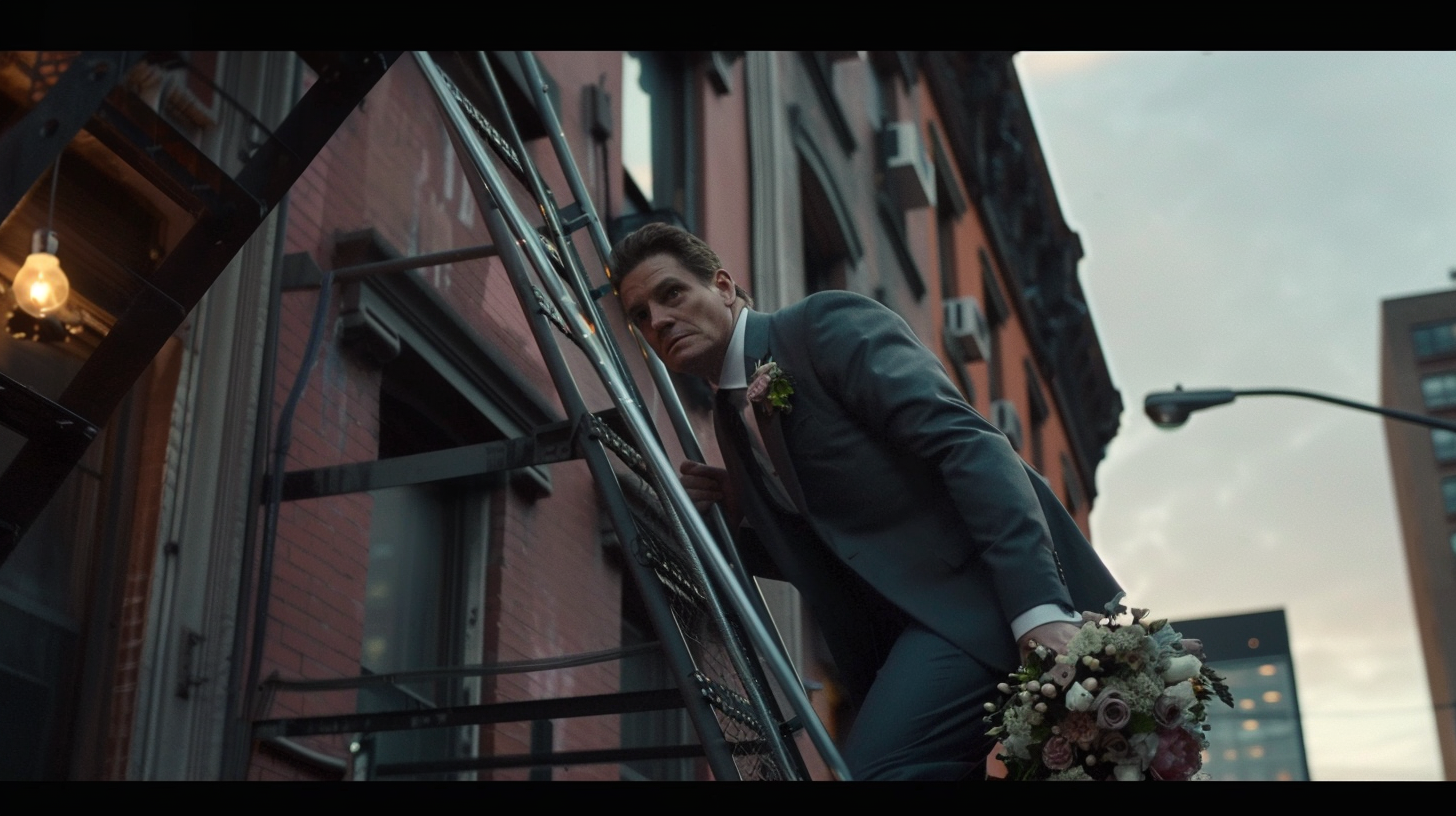Homme en costume escaladant l'escalier de secours | Source : Midjourney