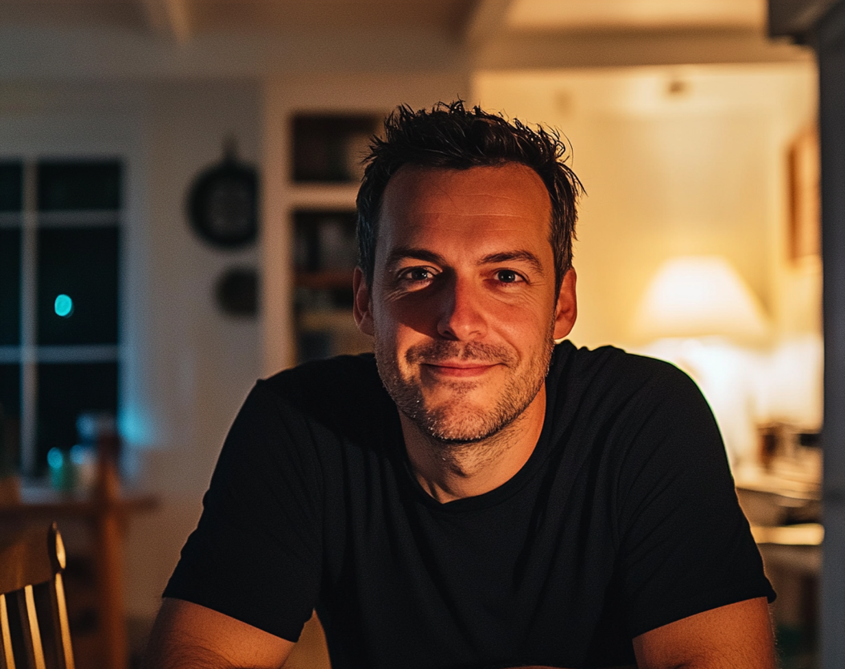Un homme souriant portant un t-shirt noir | Source : Midjourney