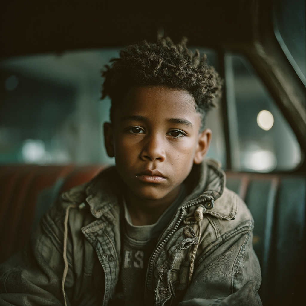 Un enfant triste sur la banquette arrière d'une voiture | Source : Midjourney