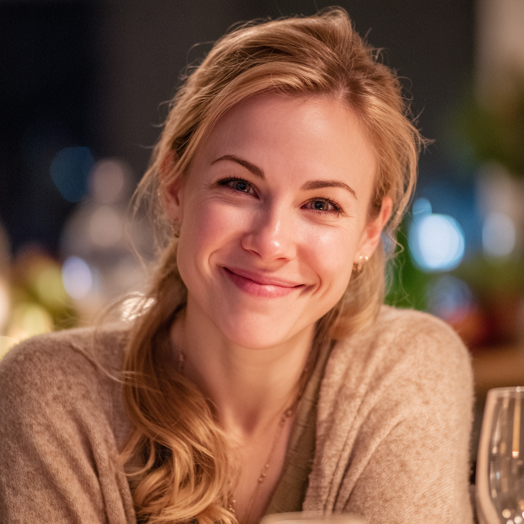 Une femme souriant à une table de dîner | Source : Midjourney