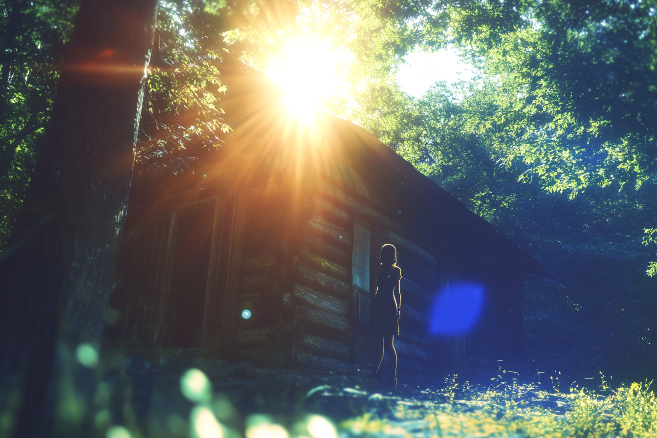 Une femme devant une vieille cabane | Source : Midjourney