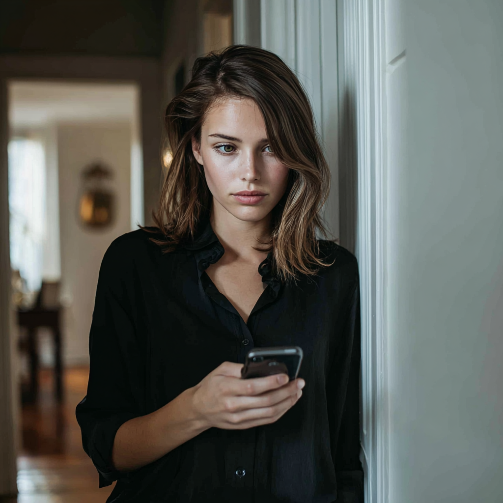 Une femme utilisant son téléphone portable dans un couloir | Source : Midjourney