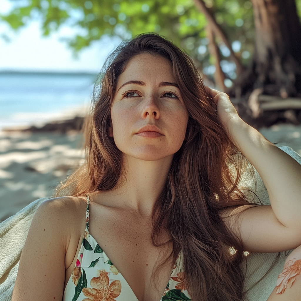 Une femme assise sur une chaise longue à la plage | Source : Midjourney