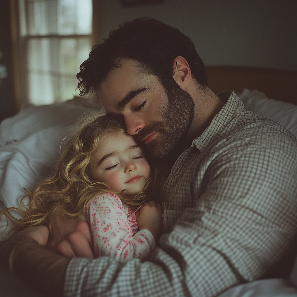 Un père et sa fille allongés dans leur lit | Source : Midjourney