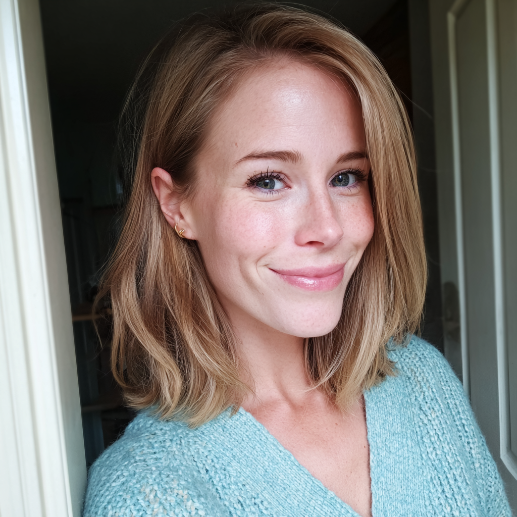 Une femme souriante portant un gilet bleu | Source : Midjourney