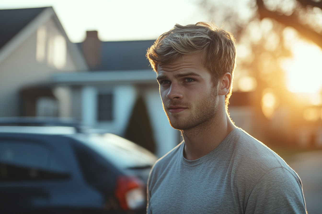 Un homme debout devant sa maison | Source : Midjourney