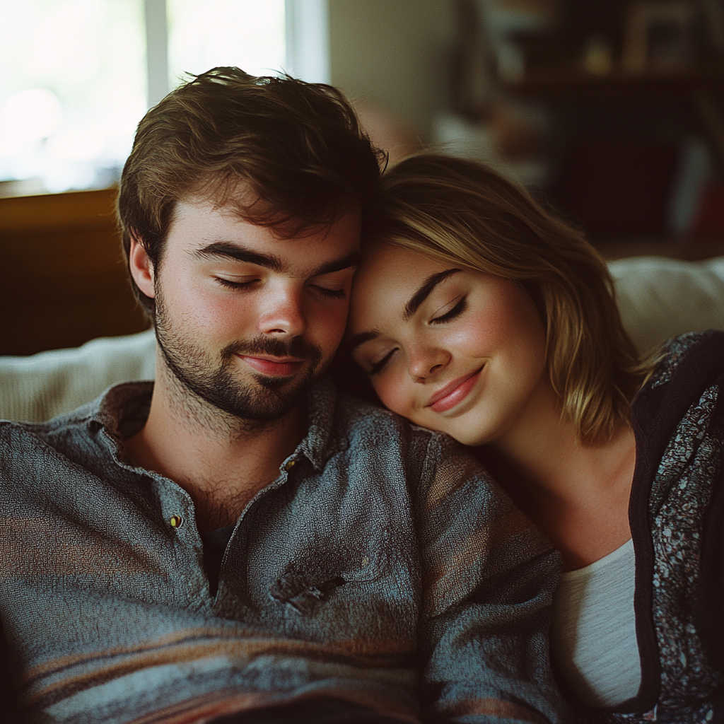 Un couple heureux se blottit sur un canapé | Source : Midjourney