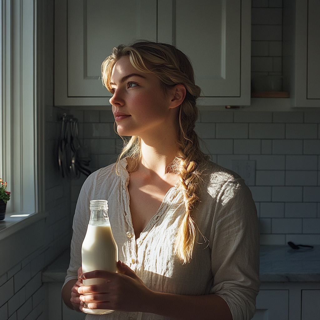 Une femme tenant une bouteille de lait | Source : Midjourney