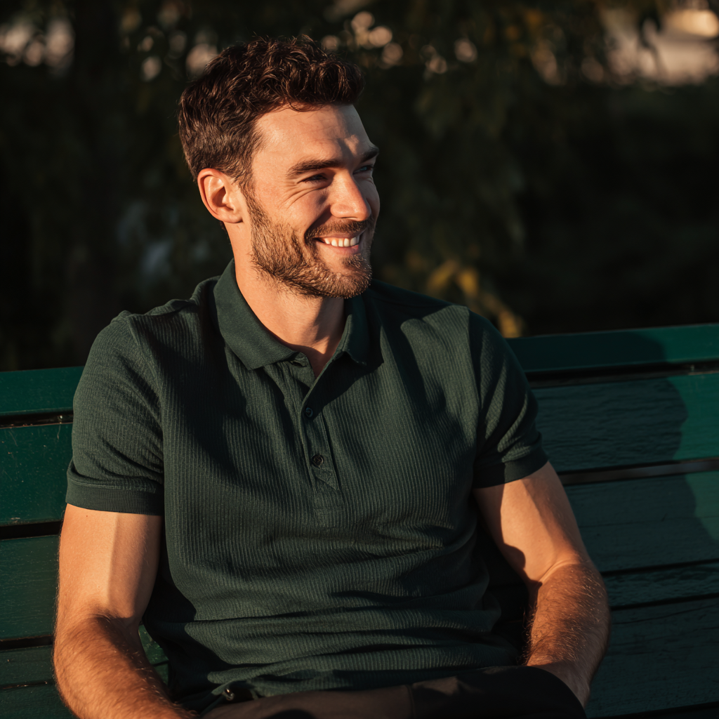 Un homme souriant assis sur un banc public | Source : Midjourney