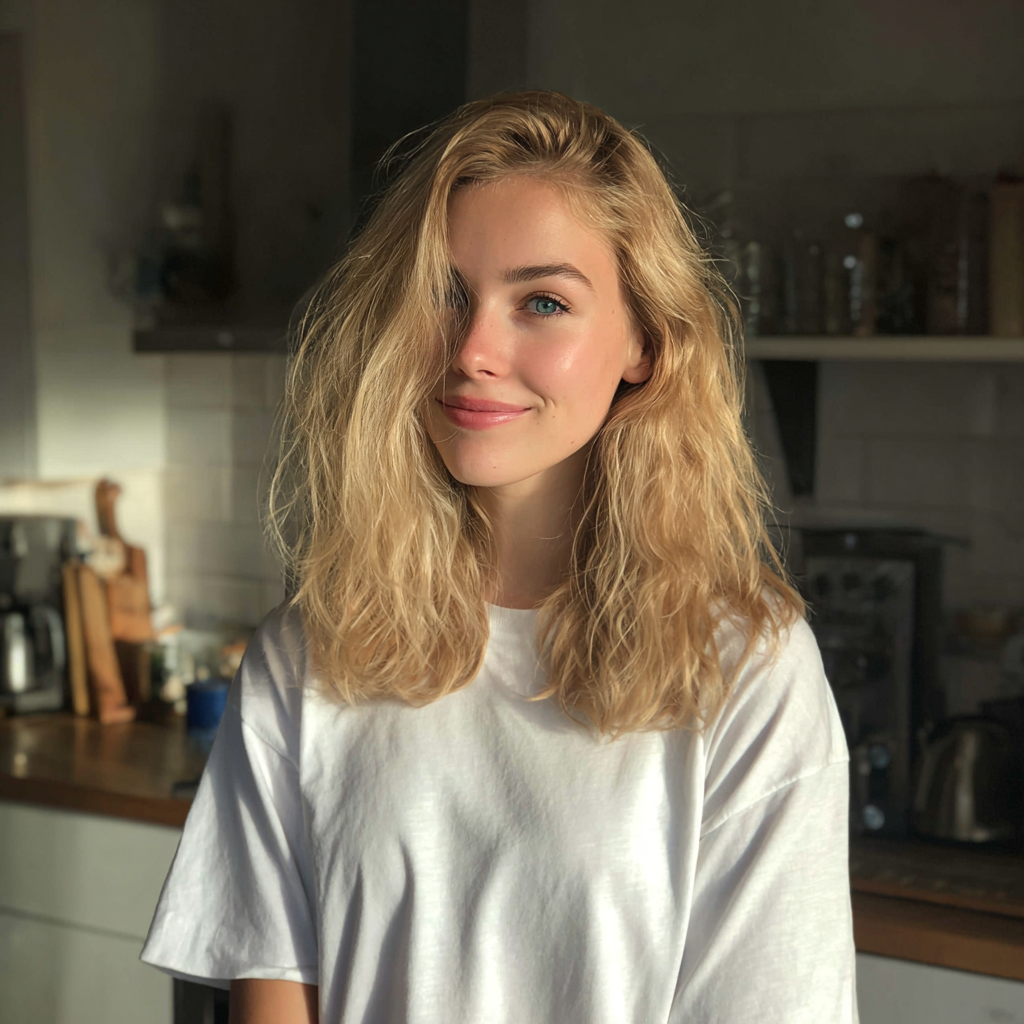 Une femme souriante debout dans une cuisine | Source : Midjourney