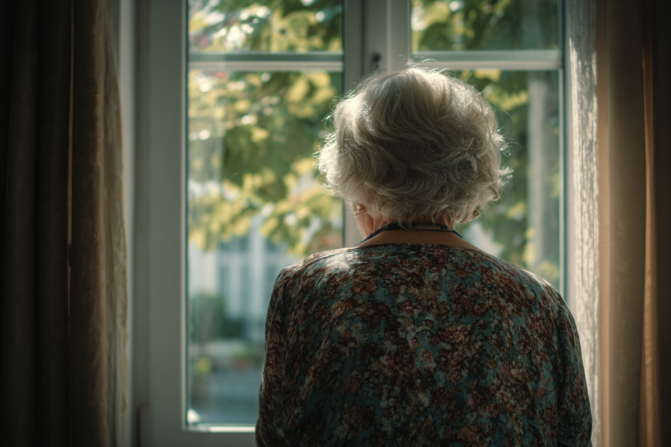 Une femme âgée debout près d'une fenêtre | Source : Midjourney