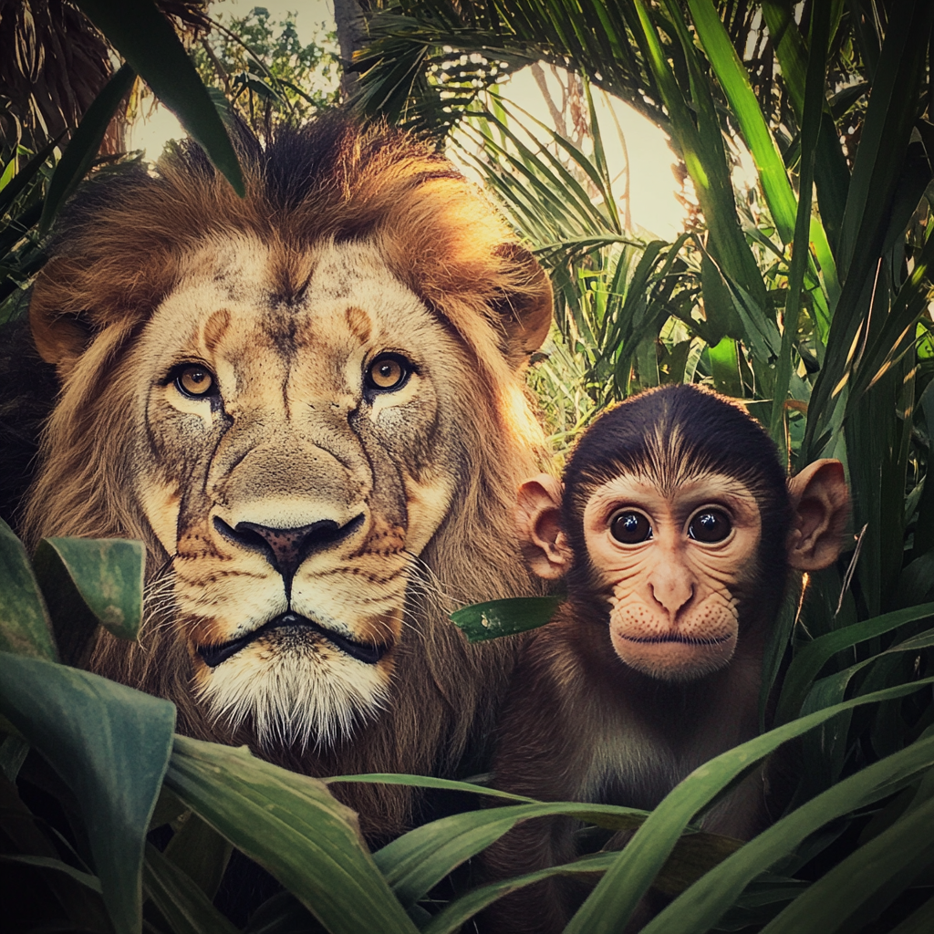 Un lion et un singe dans une jungle | Source : Midjourney