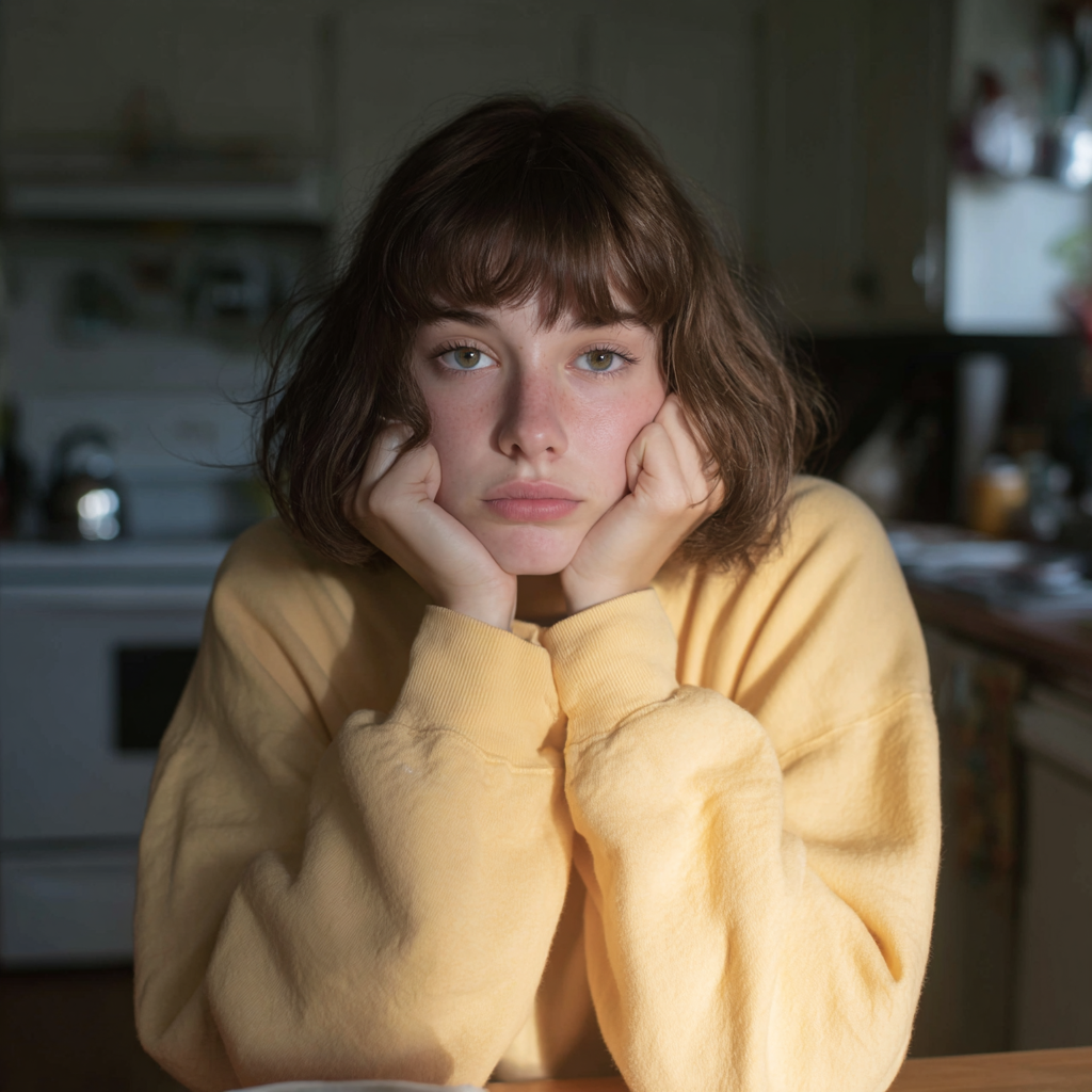 Une jeune fille bouleversée assise à une table | Source : Midjourney