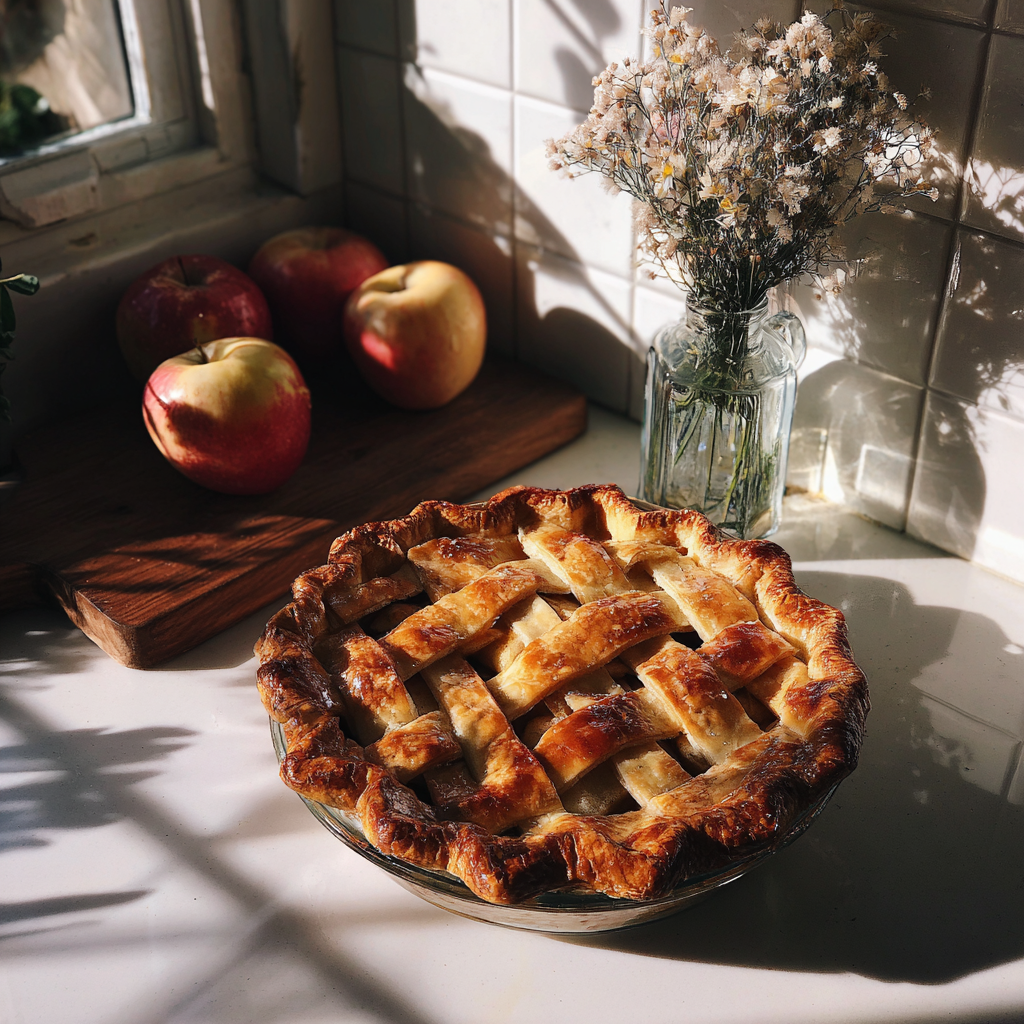 Une tarte aux pommes faite maison sur un comptoir de cuisine | Source : Midjourney