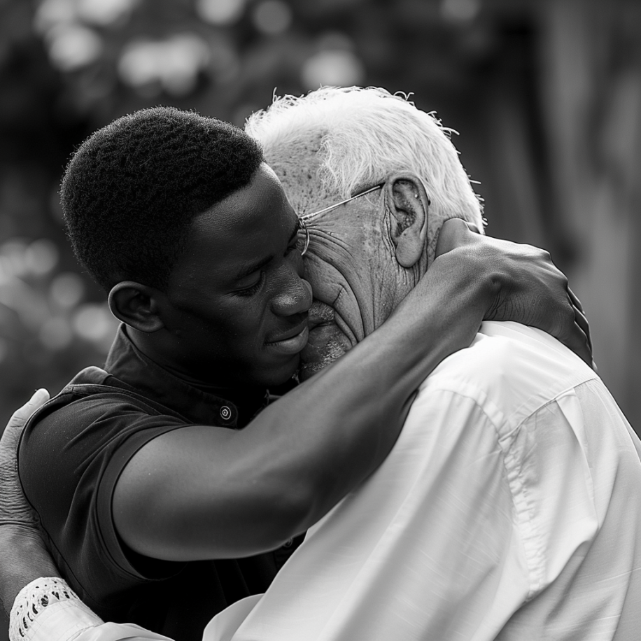 Un homme serrant dans ses bras son père adoptif | Source : Midjourney