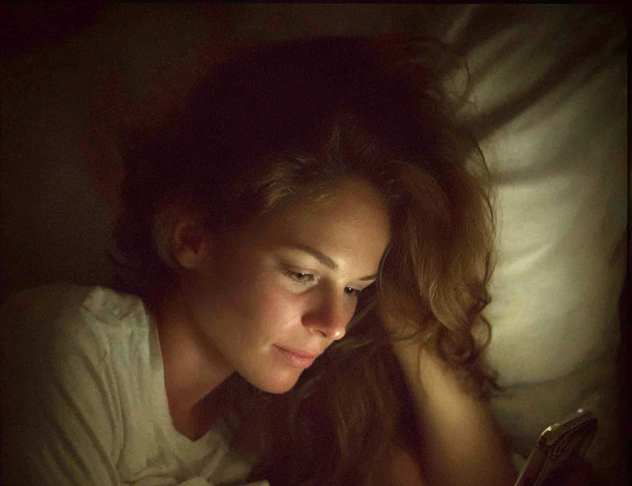 Une femme allongée dans son lit et qui utilise son téléphone | Source : Midjourney