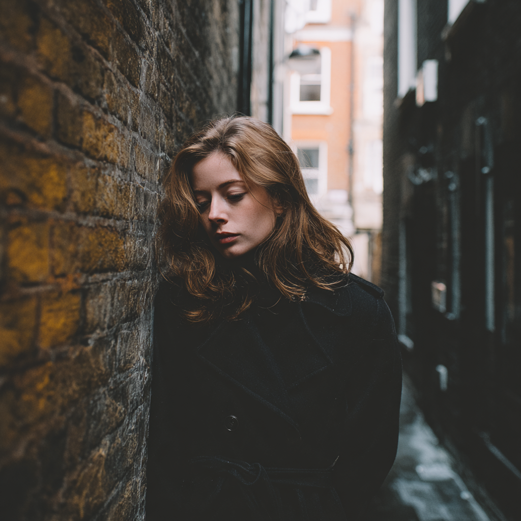 Une femme émotive adossée à un mur dans une ruelle | Source : Midjourney