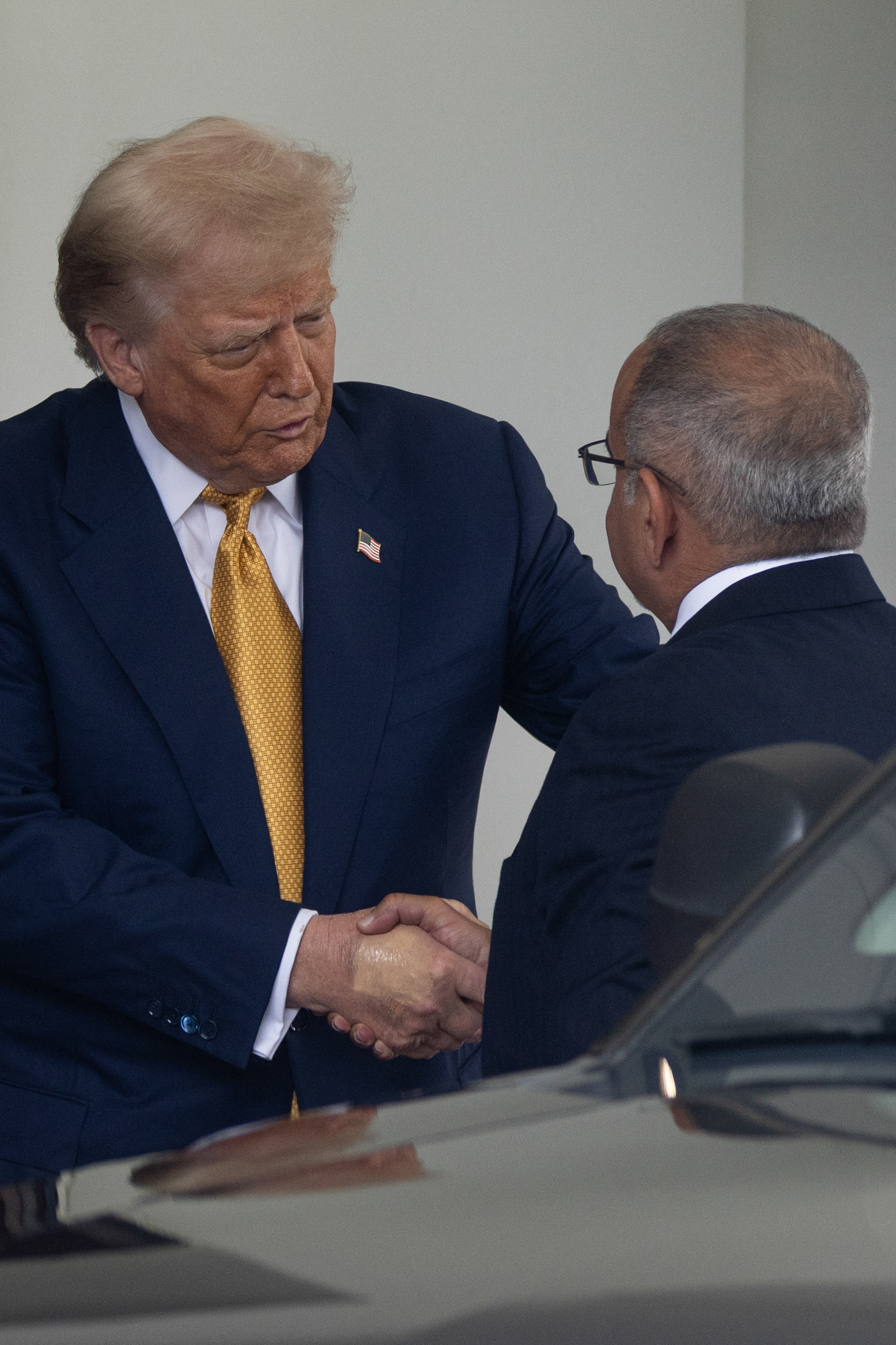 Donald Trump saluant le prince héritier Salman bin Hamad Al Khalifa de Bahreïn à l'extérieur de l'aile ouest de la Maison Blanche, le 16 juillet 2025, à Washington D.C. | Source : Getty Images
