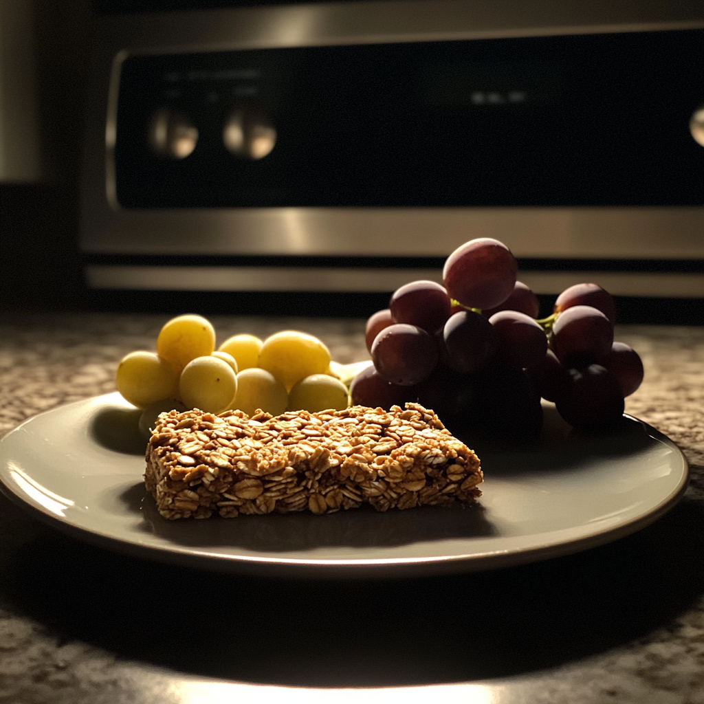 Une barre granola et des raisins dans une assiette | Source : Midjourney