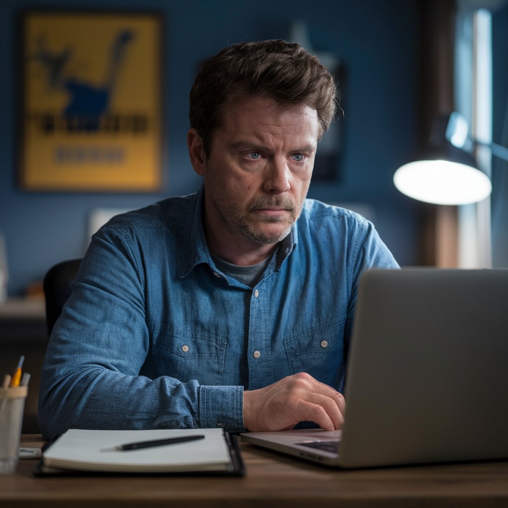 Un homme fixant l'écran d'un ordinateur portable sur son bureau | Source : Midjourney