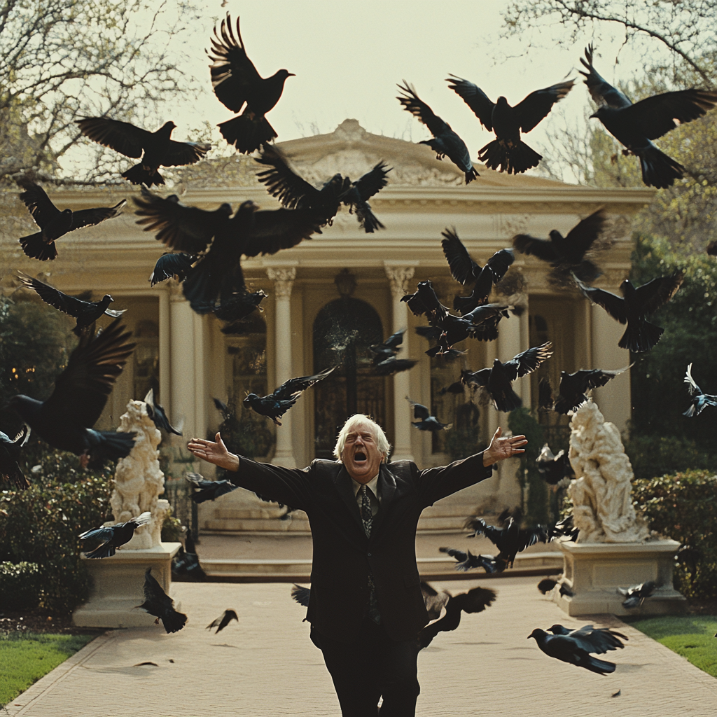 Un homme qui crie des ordres tandis que des oiseaux volent autour de lui | Source : Midjourney