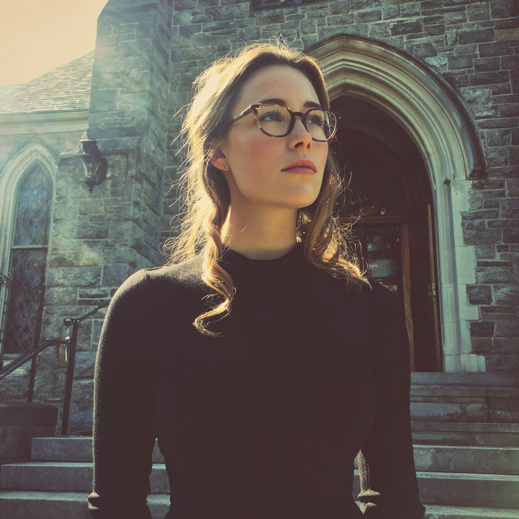 Une femme vêtue de noir debout devant une église | Source : Midjourney