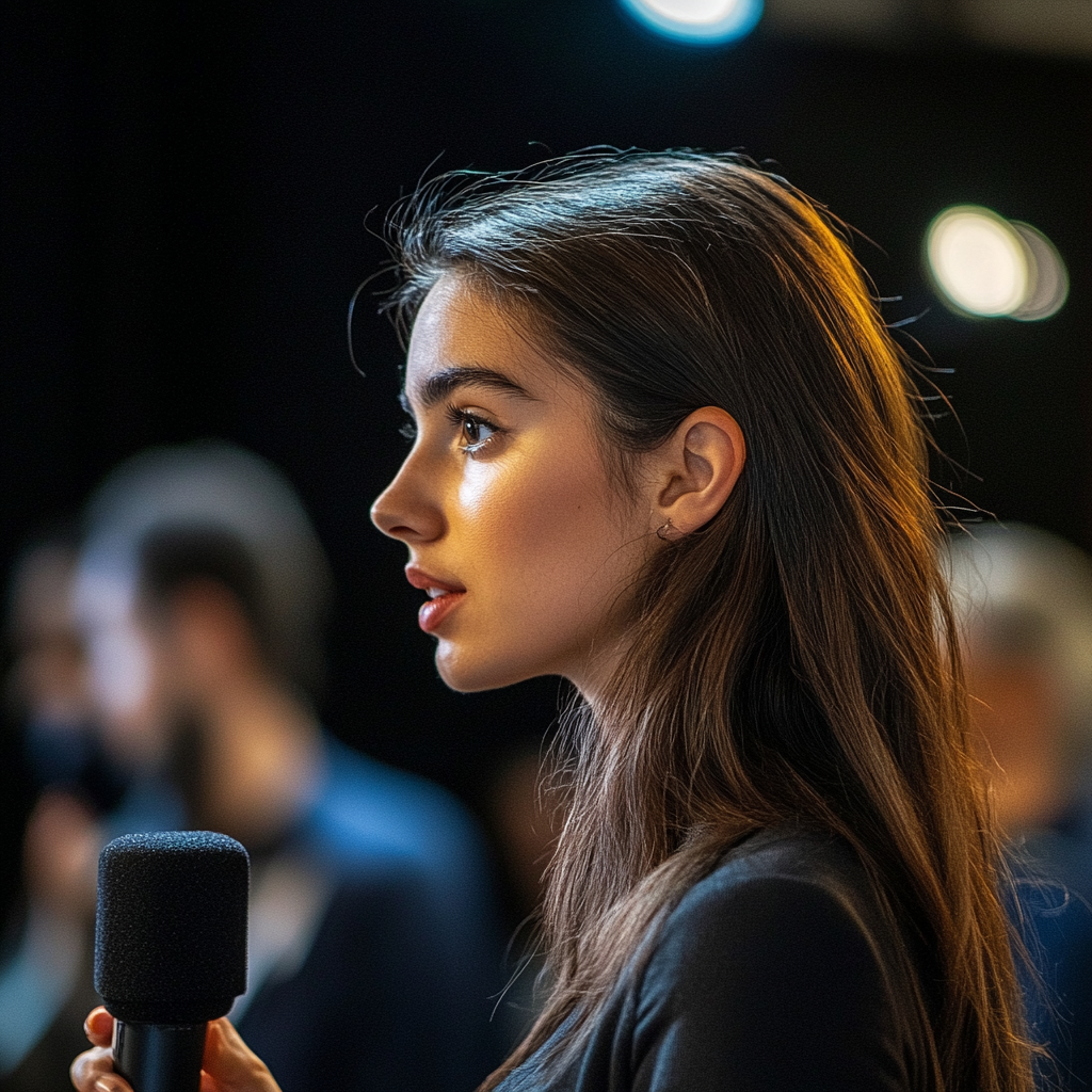 Une jeune femme à une conférence de presse | Source : Midjourney