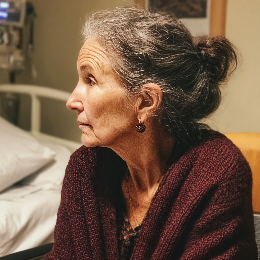 Une femme inquiète assise dans une chambre d'hôpital | Source : Midjourney